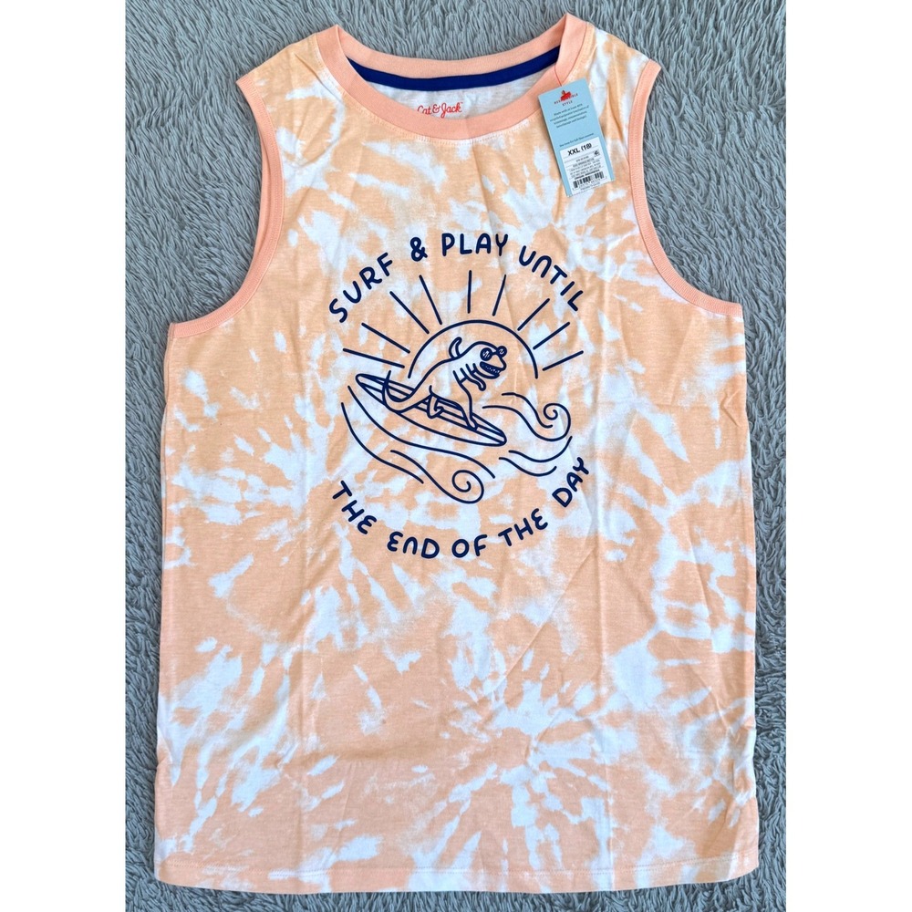 Cat & Jack Boys XXL 18 Orange Tie Dye Surfing Dinosaur Tank Top NWT